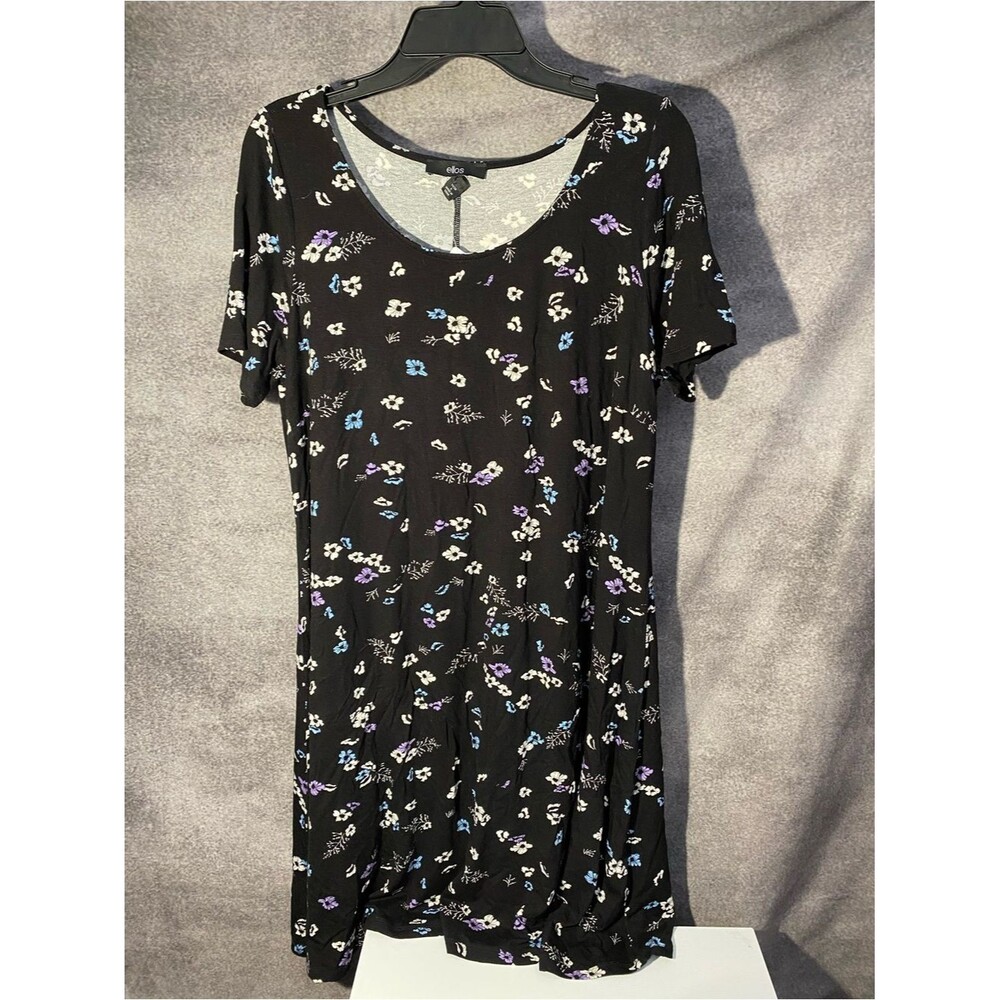 Ellos Plus Size 18/20 L Dress Short Sleeve Scoop Neck Black Floral A-Line Knit